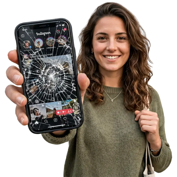 Customer holding a cracked iPhone screen ready for same-day repair